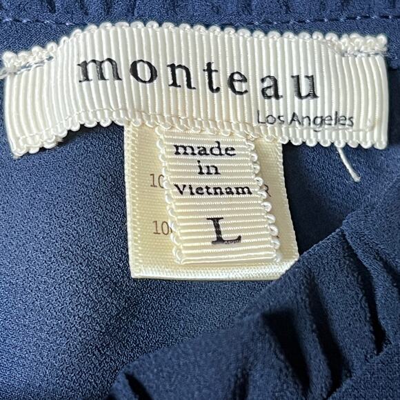 Monteau L Blue Peasant Blouse 3/4 Sleeve Boho Flowing Top Pleated Yoke Feminine - Picture 5 of 9